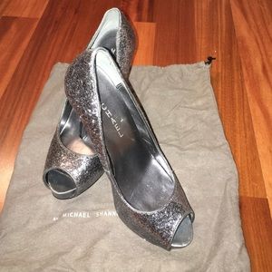 Pewter glitter peep toe heels sz 6.5